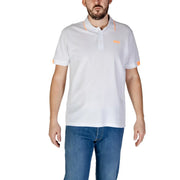 Refrigiwear Poloshirt für Herren in Weiß mit orangefarbenem Kragenbesatz und Logo-Patch auf der Brust, Vorderansicht