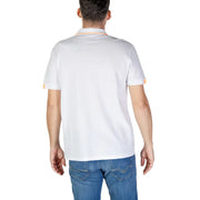Refrigiwear Poloshirt für Herren in Weiß mit orangefarbenem Besatz an Kragen und Ärmelbündchen, Vorderansicht