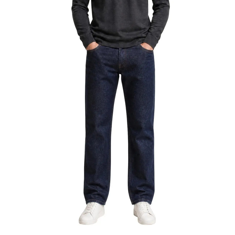 Replay Jeans, Herrenjeans aus dunkelindigofarbenem Denim mit geradem Bein und Fünf-Taschen-Design, Vorderansicht