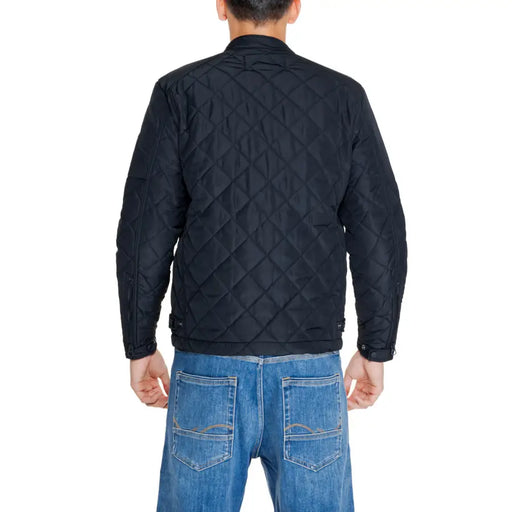Replay Men Black Long Blazer Zip Front Round Neck paired with a quilted black jacket and blue jeans