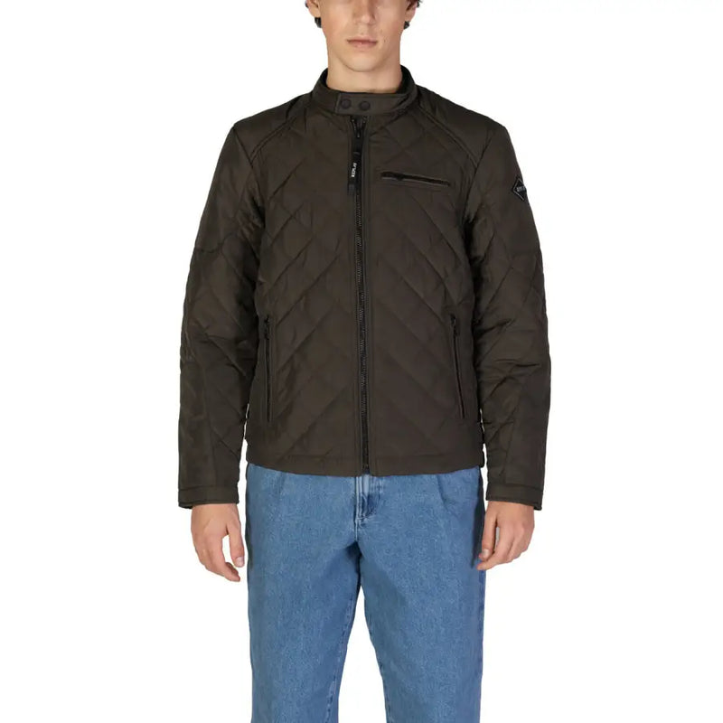 Men’s dark olive quilted bomber jacket with stand-up collar from Replay Men Black Long Blazer series