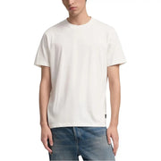 Replay men t-shirt off-white minimalist crewneck with subtle black brand tag at bottom hem in cotton fabric
