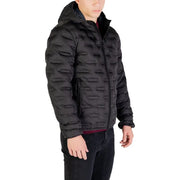 Black quilted puffer jacket with hood and zipper closure, likely made of synthetic material.