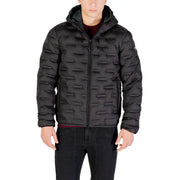 Black quilted puffer jacket with hood and zipper, likely made of synthetic material for warmth.
