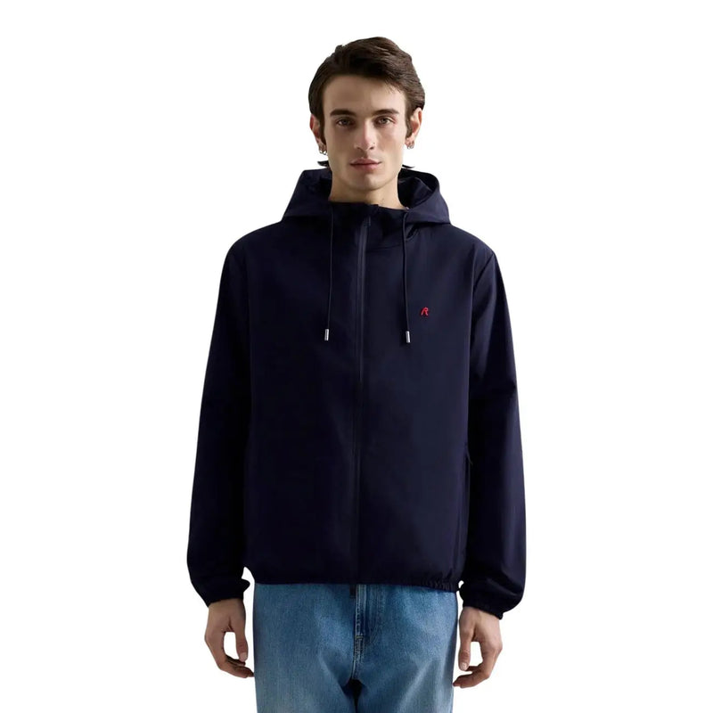 Replay men blazer black hooded polyester jacket in navy blue with white drawstrings and subtle pink logo on the chest