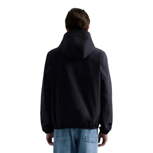 Replay men blazer black hooded polyester jacket with sleek minimalist design and elasticated cuffs shown from the back side