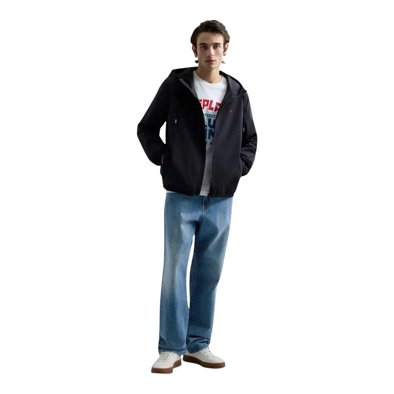 Replay men blazer black hooded polyester regular fit jacket with subtle red logo on left chest front side