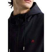 Replay men blazer black hooded polyester jacket with subtle red embroidered logo and silver-toned drawstring ends