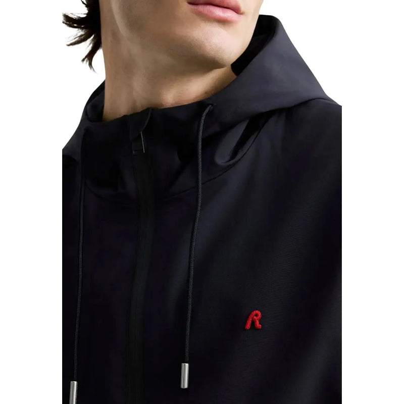 Replay men blazer black hooded polyester jacket with subtle red embroidered logo and silver-toned drawstring ends