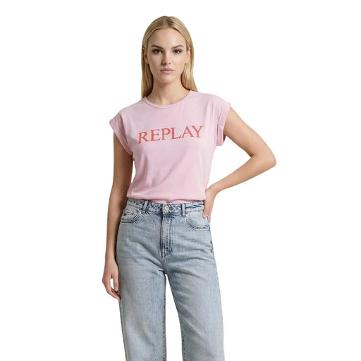 Pink replay t-shirt with rolled-up sleeves and bold red logo paired with replay men blazer black hooded polyester regular fit