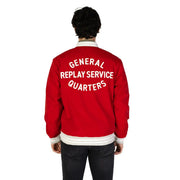 Replay men blazer red plain classic zip front pockets featuring a red bomber jacket with white lettering and trim