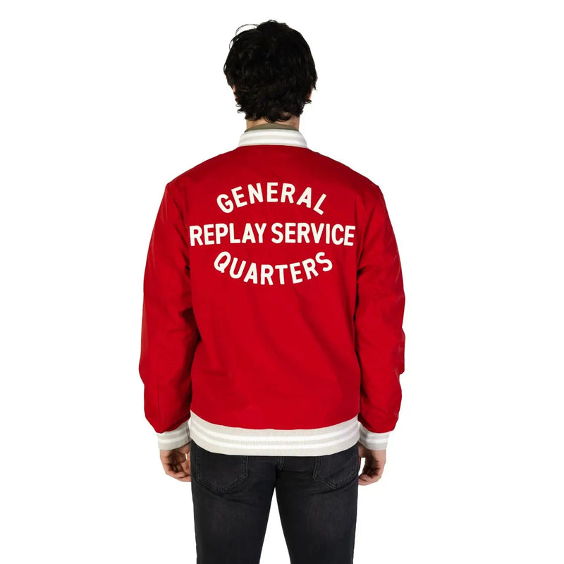 Replay men blazer red plain classic zip front pockets featuring a red bomber jacket with white lettering and trim