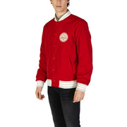Replay men blazer red varsity jacket with white trim and circular embroidered patch on left chest with zip front pockets
