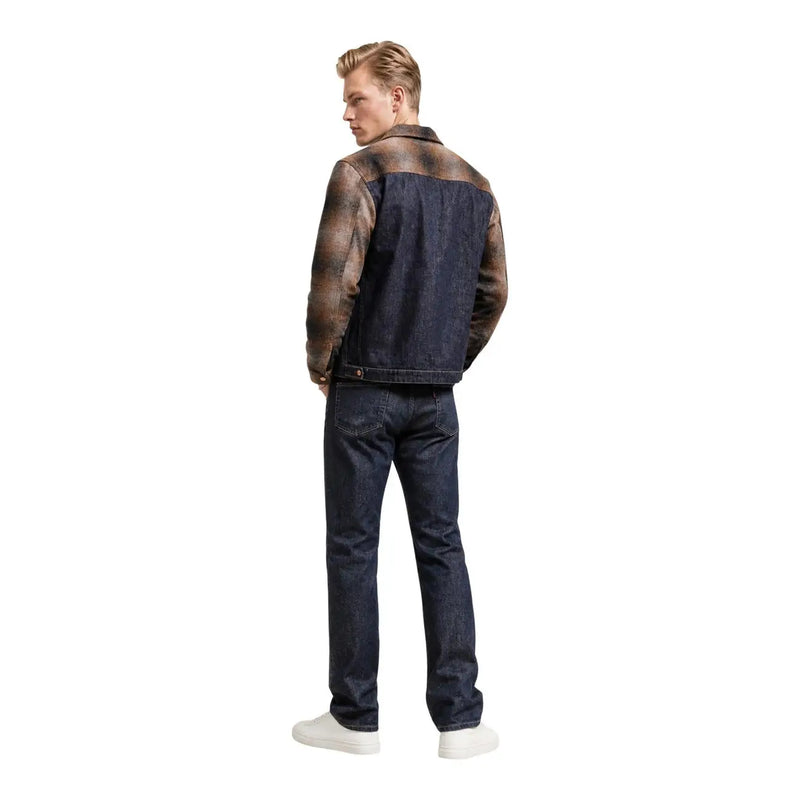 Replay Herren-Blazer-Jacke aus blauem Baumwoll-Denim mit Reißverschluss, gefertigt aus dunkelblauem Denim und mit kontrastierenden braunen, strukturierten Ärmeln