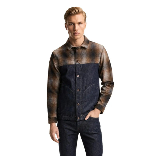 Replay Herren-Blazer aus blauem Baumwoll-Denim mit Reißverschluss und zweifarbigem Design in Dunkelindigo und meliertem Braun-Schwarz.