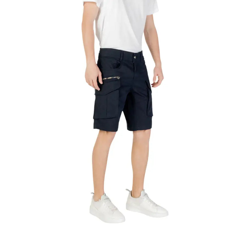 Replay men blue plain cargo shorts with multiple pockets and a zipper detail on the thigh