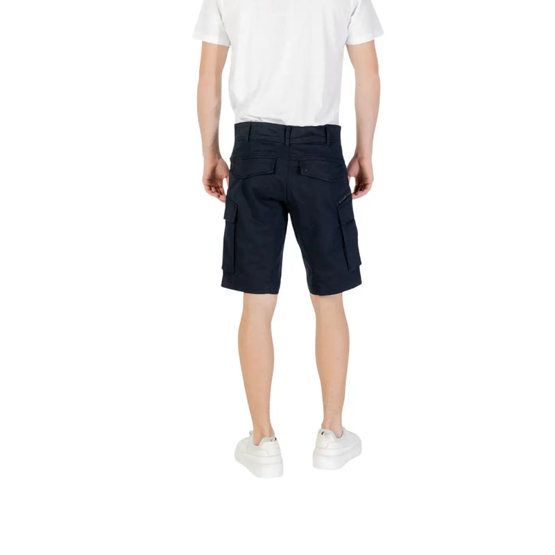 Replay men blue plain cargo shorts with multiple pockets and straight-leg cut made of durable fabric