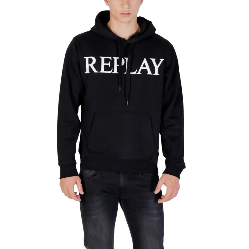 Men’s black hooded sweatshirt with white REPLAY lettering and front pocket detail
