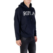 Dark blue hooded sweatshirt with white REPLAY logo and front pocket for men