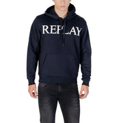 Men’s navy blue hoodie with white REPLAY logo, featuring a front pocket and long sleeves