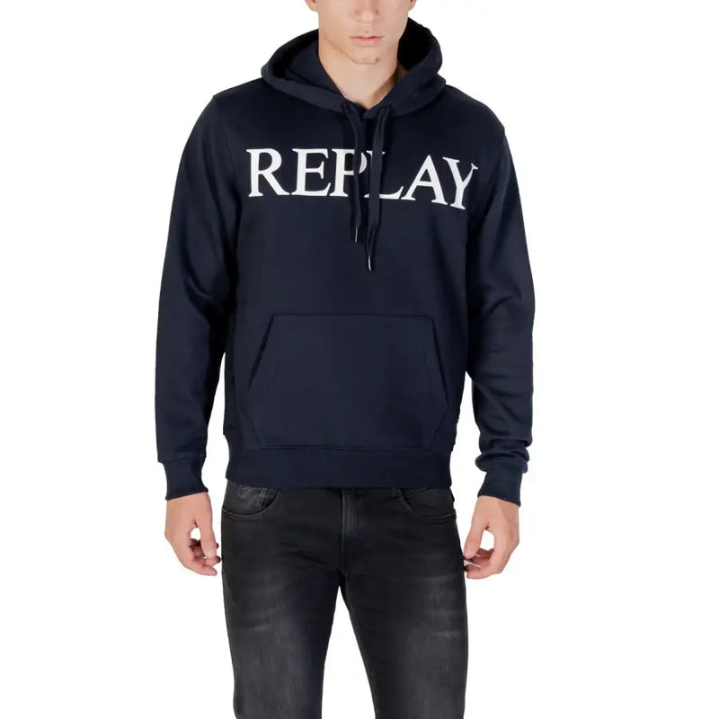 Men’s navy blue hoodie with white REPLAY logo, featuring a front pocket and long sleeves
