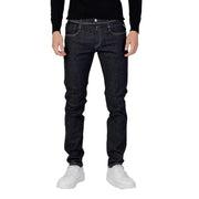 Replay men blue slim fit dark indigo denim jeans with white stitching and zip and button closure