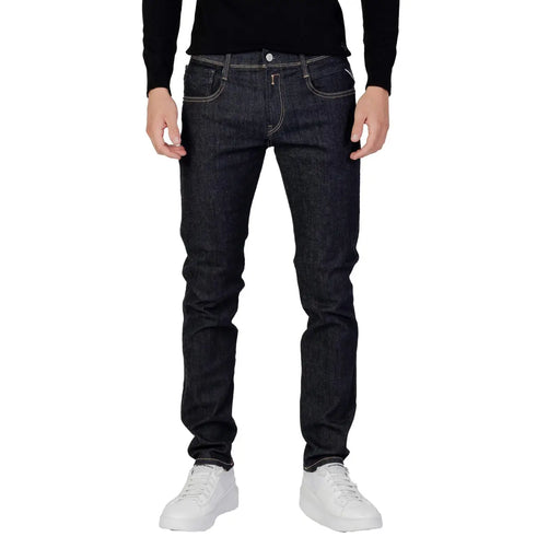 Replay men blue slim fit dark indigo denim jeans with white stitching and zip and button closure