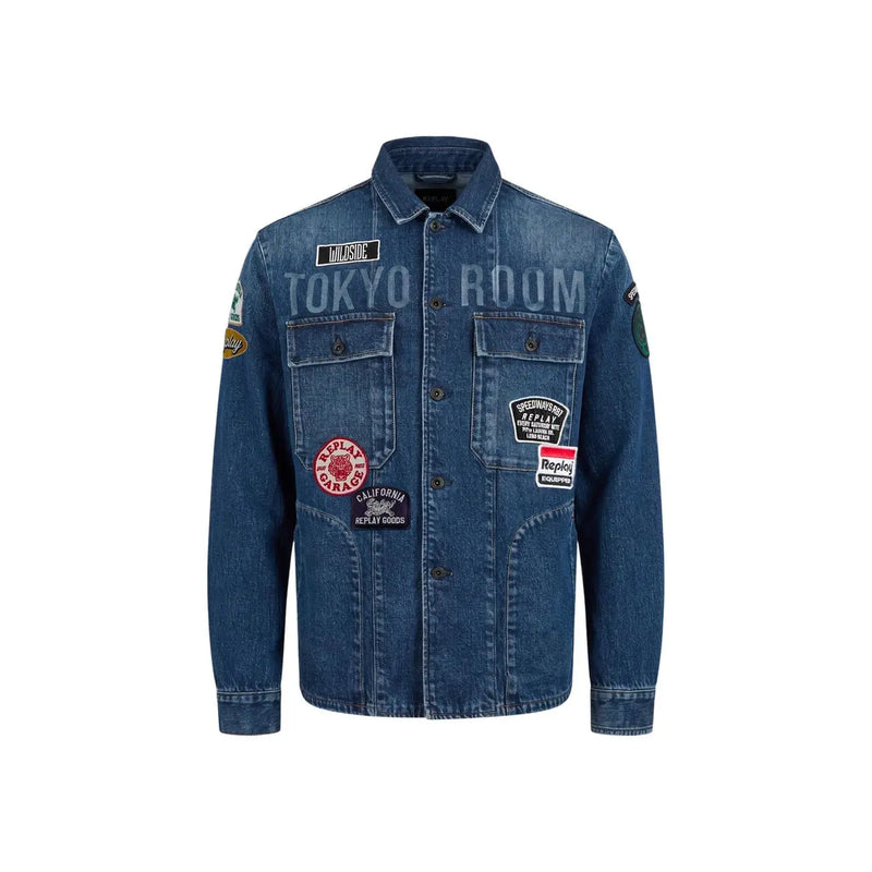 Replay Herren-Jeansblazer, blau, aus Baumwolle, klassischer Stil, mit blauer Jeansjacke, Aufnähern und gesticktem Text