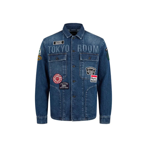 Replay Herren-Jeansblazer, blau, aus Baumwolle, klassischer Stil, mit blauer Jeansjacke, Aufnähern und gesticktem Text