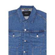 Replay Herren-Jeansjacke in Blau mit silbernen Knöpfen, schwarzem Markenlabel, Rundhalsausschnitt und Vordertaschen