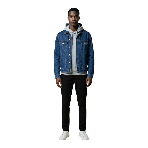 Replay Herrenjacke aus blauem Denim mit silbernen Knöpfen und darunterliegendem Kapuzenpullover mit Vordertaschen