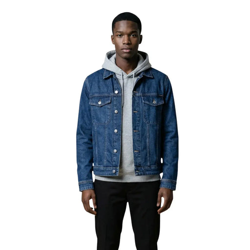 Replay Herrenjacke, blau, klassisch, aus Denim mit Rundhalsausschnitt, silbernen Knöpfen und Vordertaschen in klassischer Passform