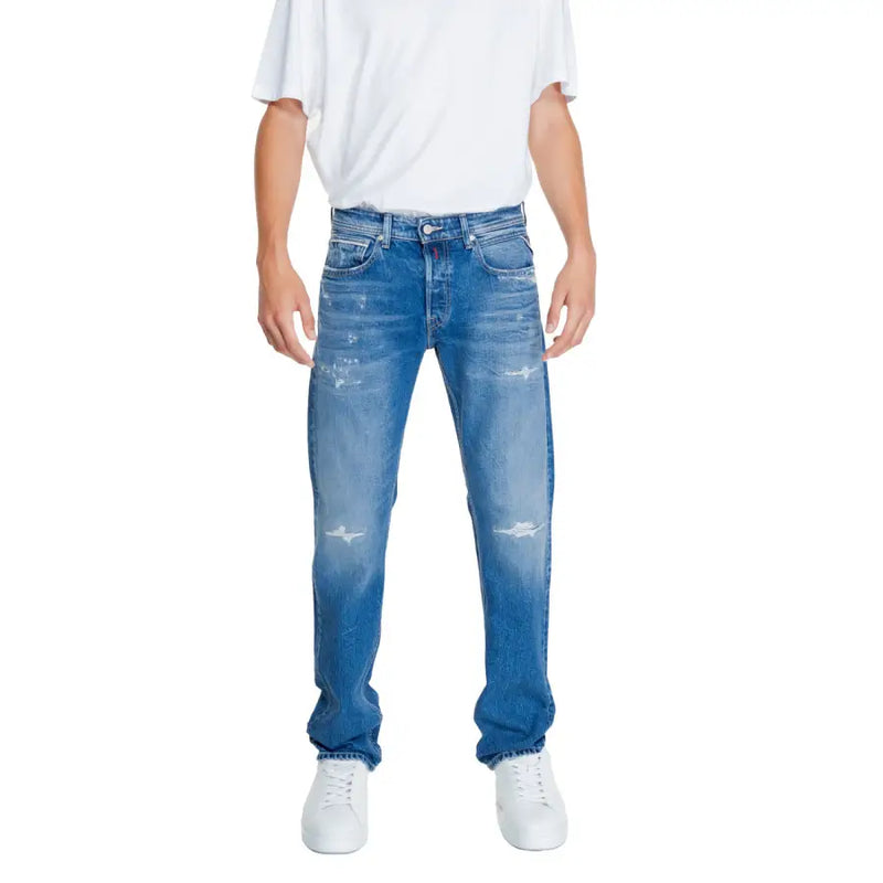 Replay Herrenjeans, blau, schlicht, mit Reißverschluss und Knopf, Used-Look, klassisches Five-Pocket-Design und verwaschener Optik, Größe 32