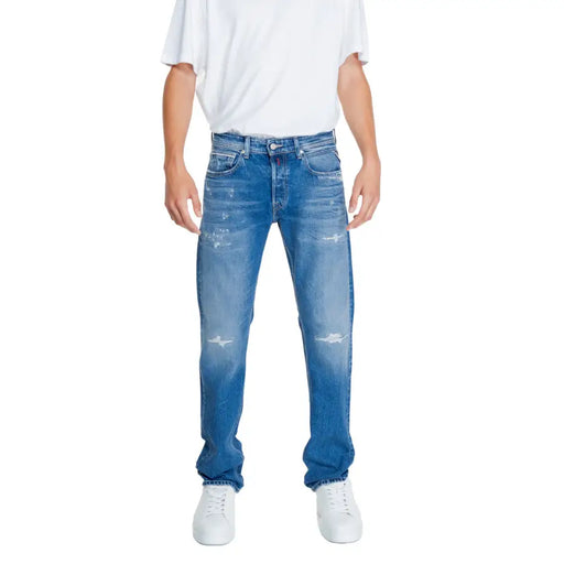 Replay Herrenjeans, blau, schlicht, mit Reißverschluss und Knopf, Used-Look, klassisches Five-Pocket-Design und verwaschener Optik, Größe 32