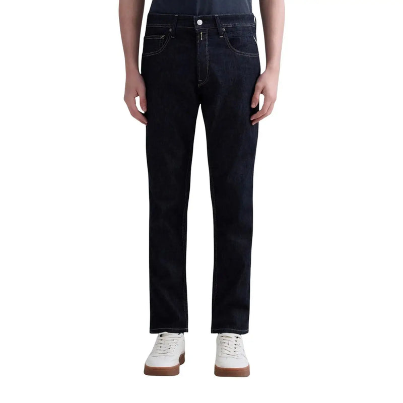 Replay men jeans blue zip button M1008J.000 spring summer dark indigo denim with straight-leg cut and classic five-pocket design