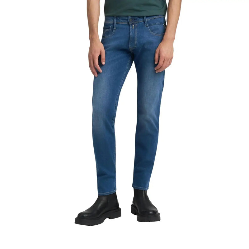 Replay men jeans blue slim fit denim with subtle fading and zip button closure for spring summer wear
