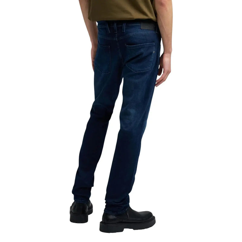 Replay men jeans blue zip button slim fit dark indigo denim with subtle fading on the thighs