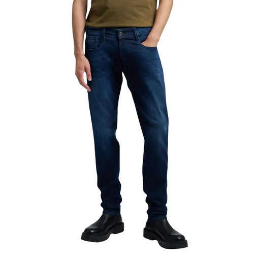 Replay men jeans blue zip button slim fit dark blue denim with classic five-pocket design and subtle fading