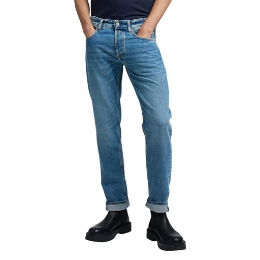 Replay men jeans light blue denim with classic straight-leg cut and rolled cuffs featuring zip pockets