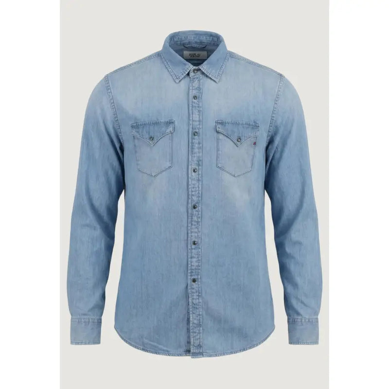 Hellblaues Replay Herren-Denimhemd mit Knopfleiste, zwei Brusttaschen und klassischem Kragen