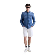 Replay Herrenhemd aus blauem Denim, langärmelig, mit zwei Brusttaschen und geknöpften Manschetten für die Freizeit.