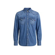 Replay men shirt blue denim long-sleeved button-up with two chest pockets and small red logo on left pocket