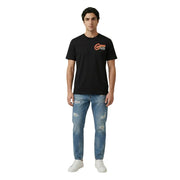 Replay men t-shirt black short-sleeved with red and white logo on chest for casual wear