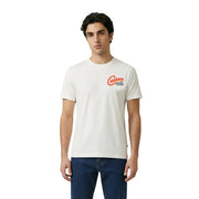 Off-white Cotton Replay Herren-T-Shirt mit rotem und schwarzem Logo und Premium-Schriftzug in schwarzem Aufdruck auf der Vorderseite.