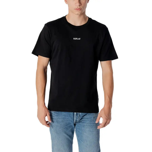 Replay men t-shirt in black cotton with a subtle white logo on the chest for casual wear