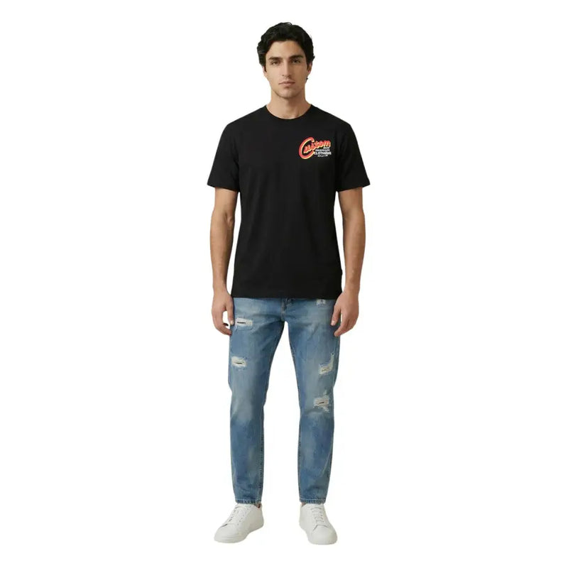 Wiederholungsmänner t-shirt Schwarzes, kurzärmeliges Baumwollshirt mit rotem und weißem Cuson-Logo auf der Brust