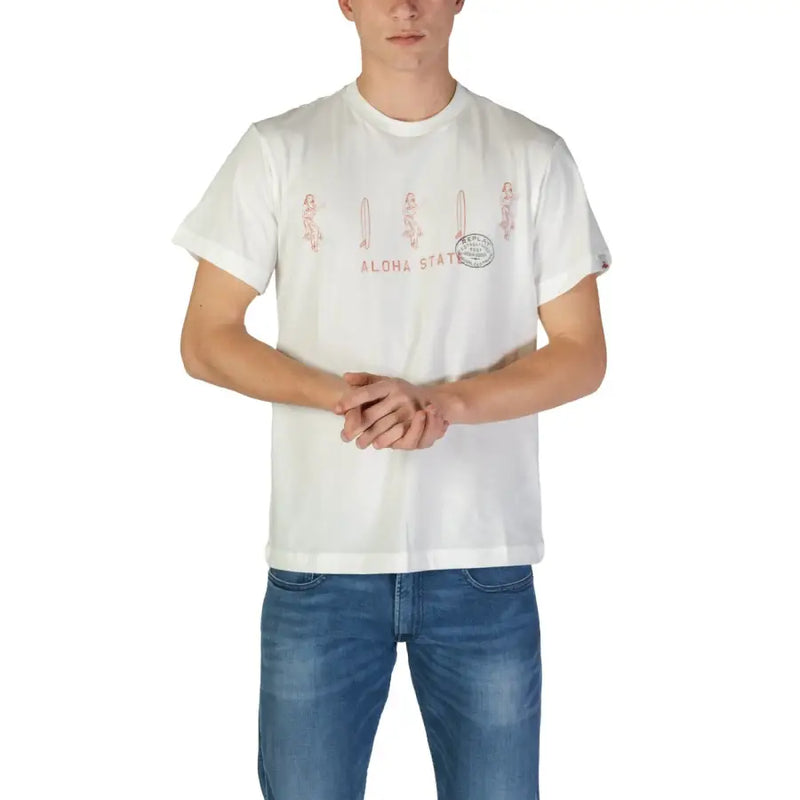 Weiße Baumwolle Replay Herren t-shirt mit pinkfarbenen Hula-Tänzerinnen und Surfbrettern als Grafikdruck und dem Text „Aloha State“.