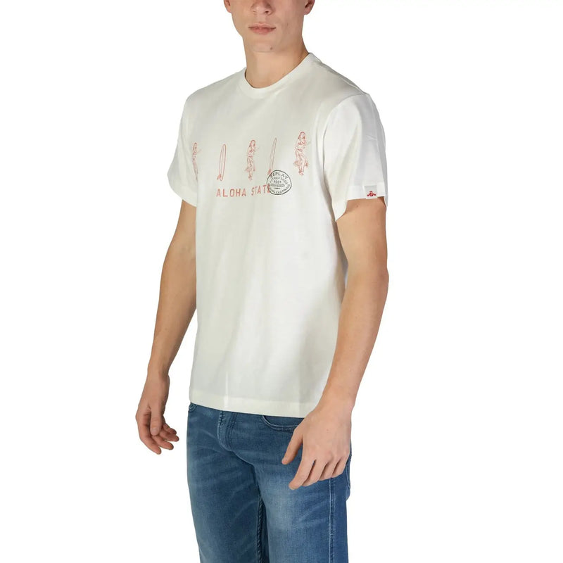 Replay men t-shirt white cotton with red surfer graphic print and aloha state text front side