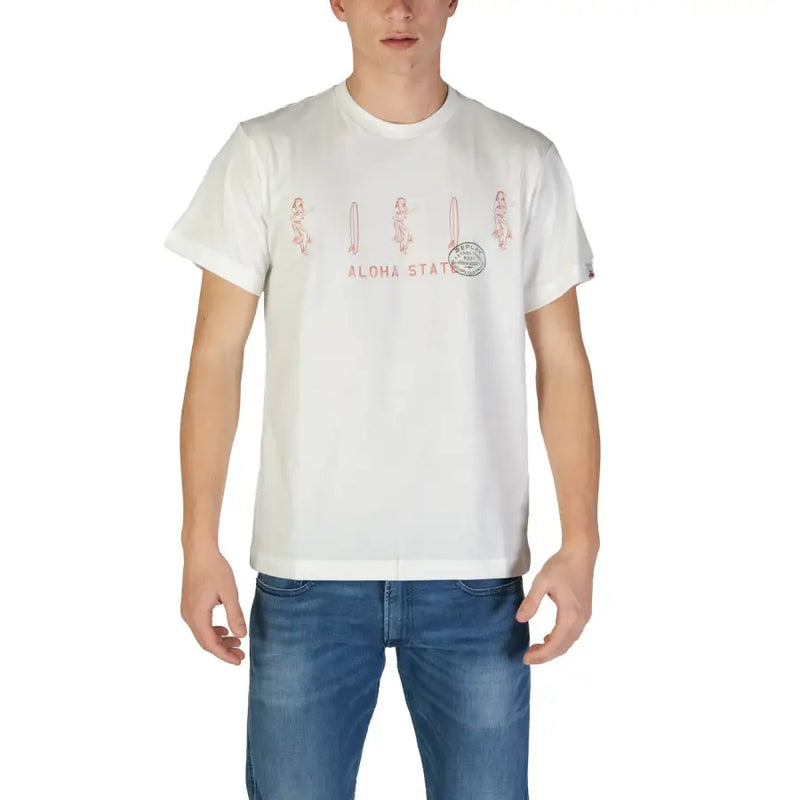 Wiederholungsmänner t-shirt Weißer Baumwollstoff mit rotem Grafikdruck von Surfern und dem Schriftzug „Aloha State“ auf der Brust