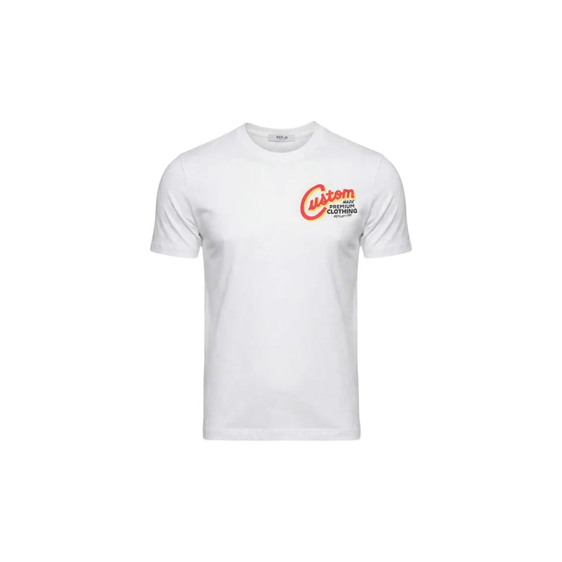 Replay Herren-T-Shirt aus weißer Baumwolle mit Rundhalsausschnitt und kurzen Ärmeln, rot-schwarzem Premium-Logo auf der linken Brustseite